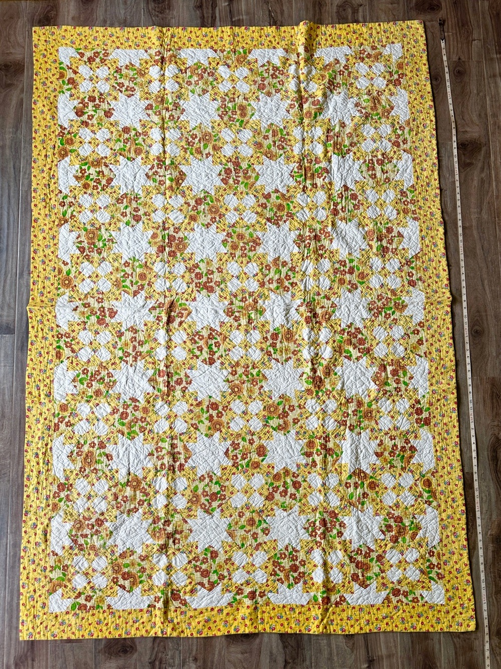 Vintage 70s Mustard Yellow Floral Patchwork Quilt Retro Handmade MCM